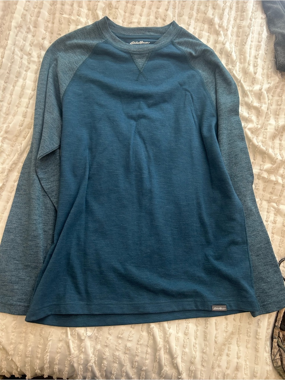Eddie Bauer Men’s Teal and Heathered Blue Crewneck Sweater